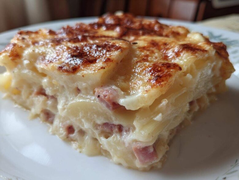 A close-up of a creamy slice of scalloped potatoes and ham with a golden-brown, cheesy top.
