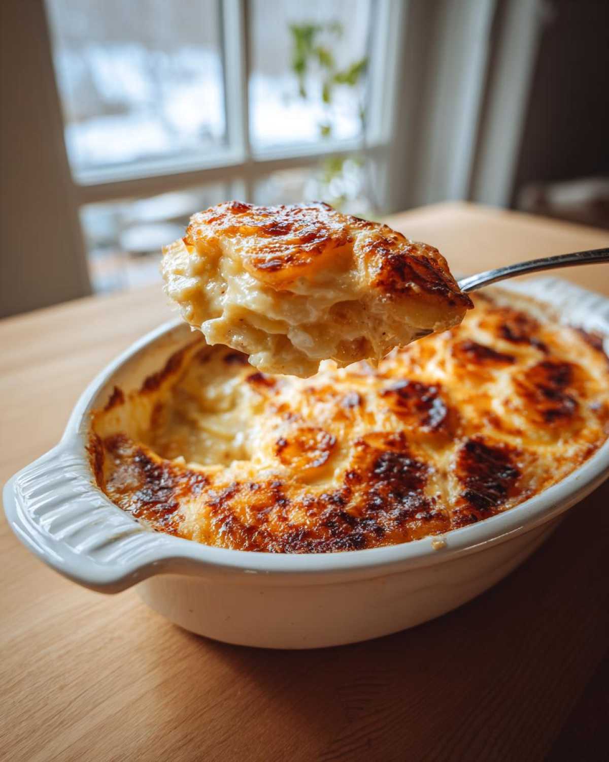 A spoonful of creamy, cheesy scalloped potatoes lifted from a white baking dish.