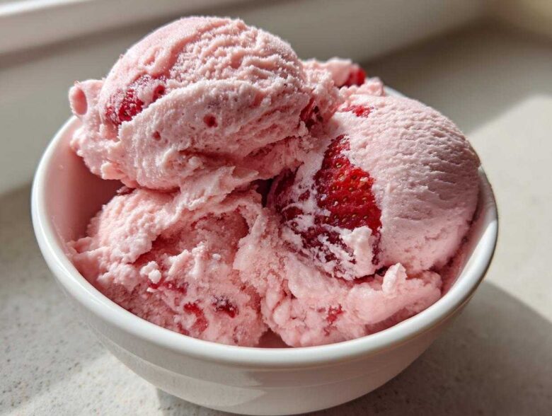 Close-up of three scoops of pink, creamy strawberry ice cream with visible chunks of real strawberries in a white bowl.