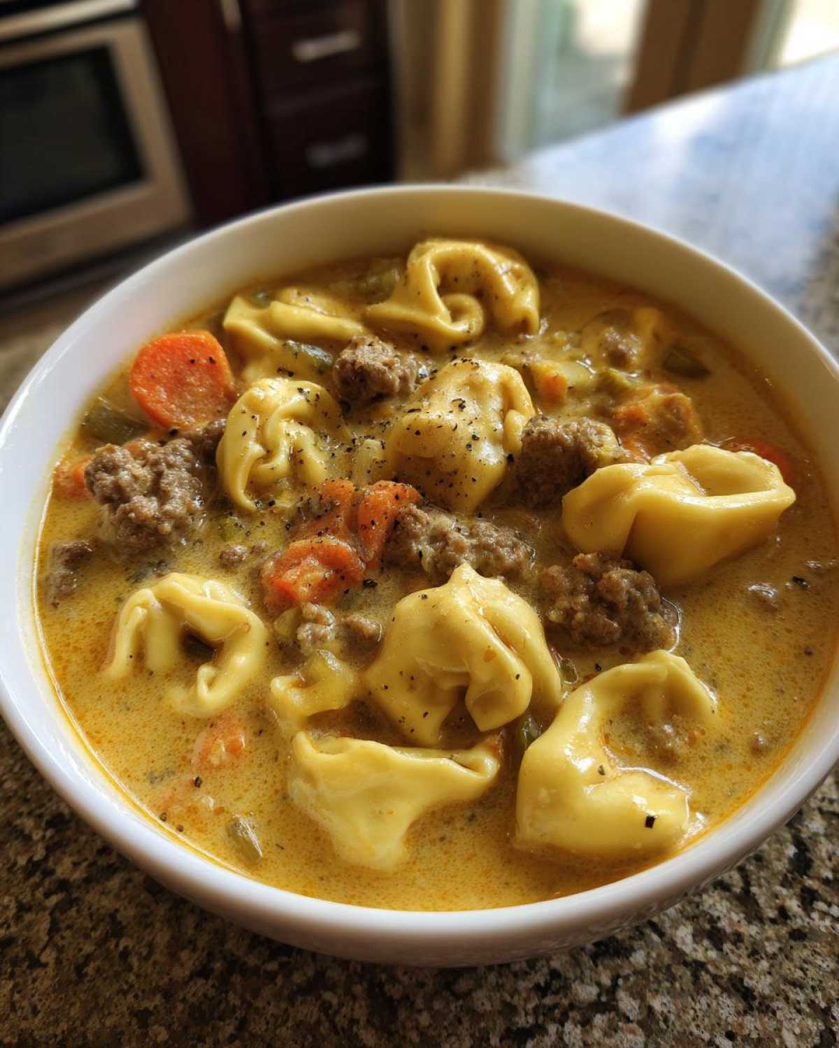 Close-up of a white bowl filled with creamy tortellini soup, featuring cheese tortellini, ground sausage, and sliced carrots.