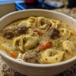 Close-up of a white bowl filled with creamy tortellini soup featuring tortellini, meatballs, and chunks of carrot.