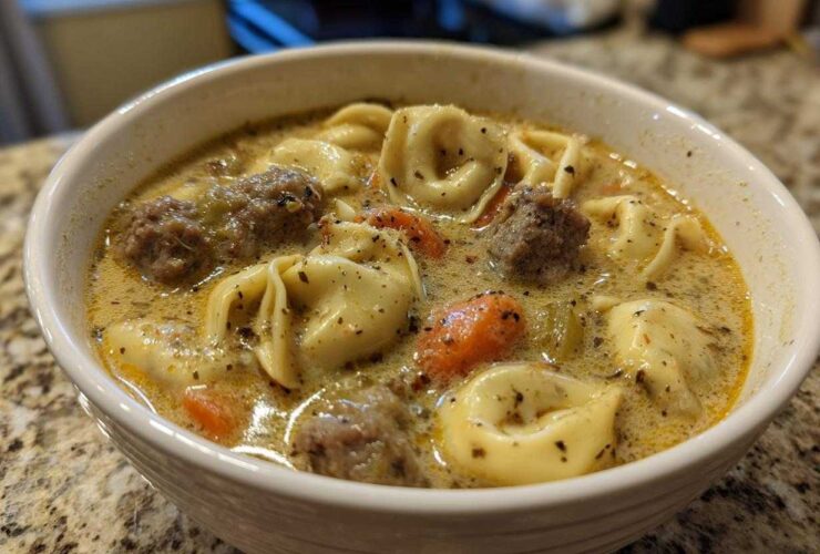 Close-up of a white bowl filled with creamy tortellini soup featuring tortellini, meatballs, and chunks of carrot.