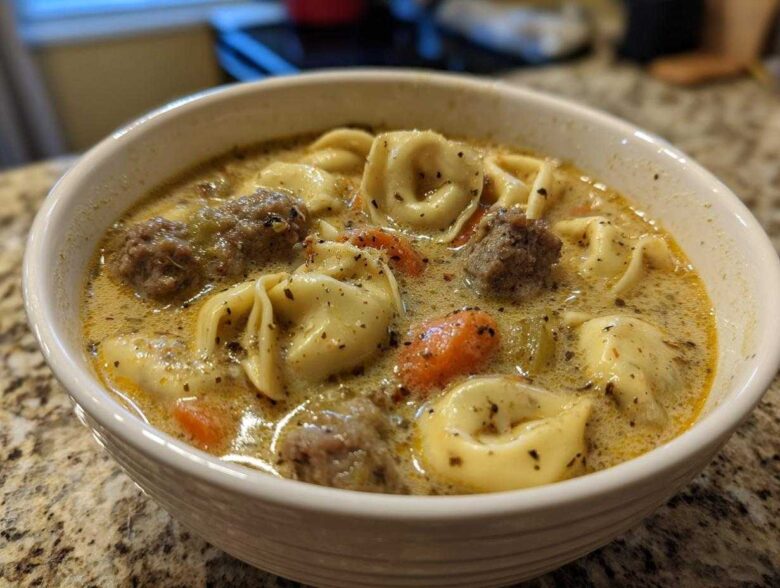 Close-up of a white bowl filled with creamy tortellini soup featuring tortellini, meatballs, and chunks of carrot.