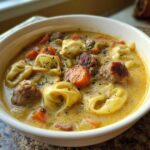 A close-up of a hearty bowl of creamy tortellini soup featuring sausage, sliced carrots, and herbs.
