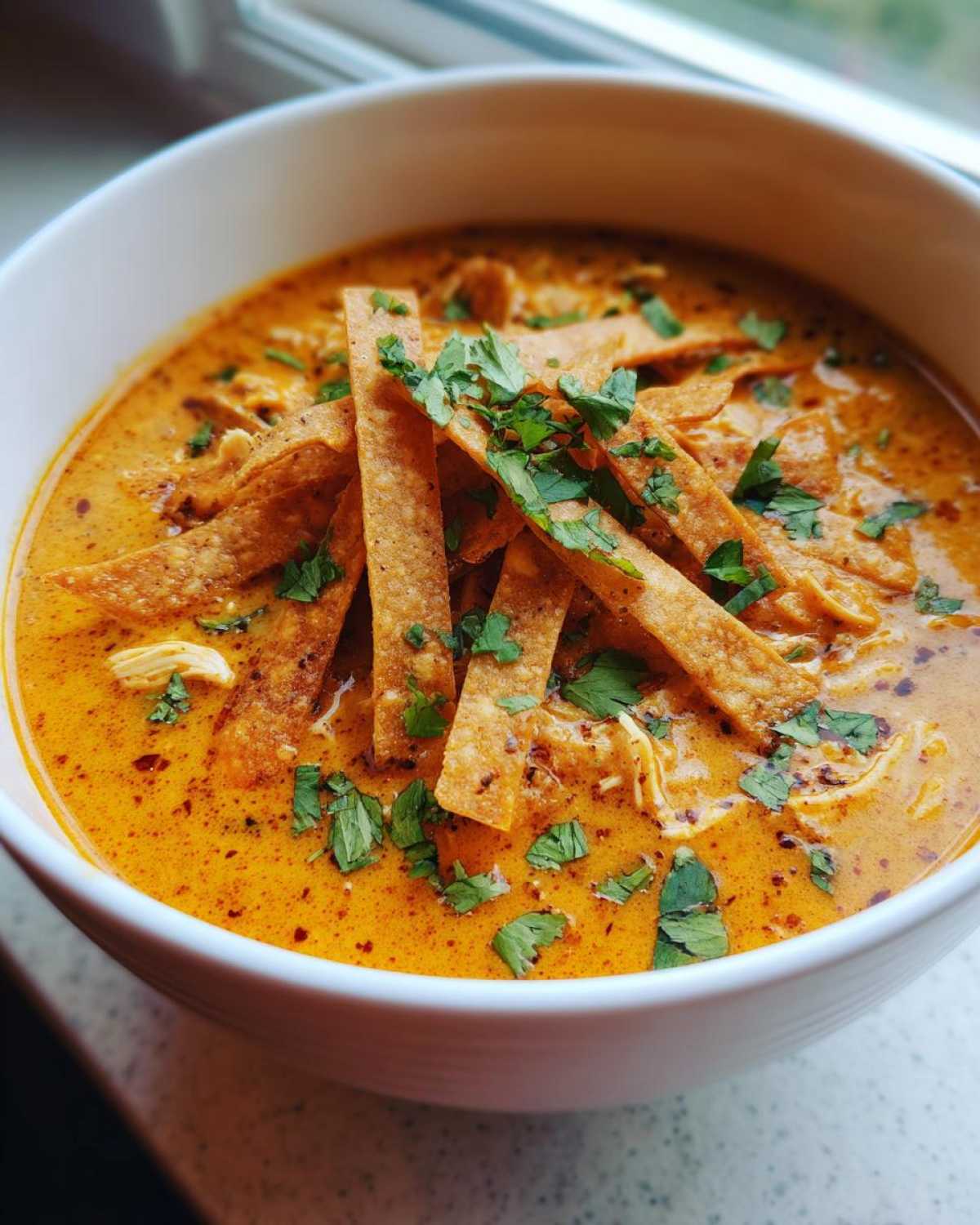 Close-up of a white bowl filled with creamy, orange-colored tortilla soup, topped with crispy tortilla strips and fresh cilantro.