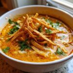 A close-up of a bowl of creamy tortilla soup, garnished generously with crispy tortilla strips and fresh cilantro.