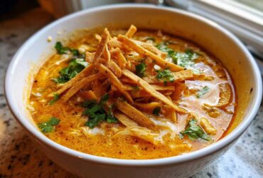 A close-up of a bowl of creamy tortilla soup, garnished generously with crispy tortilla strips and fresh cilantro.