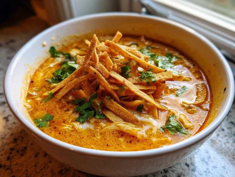 A close-up of a bowl of creamy tortilla soup, garnished generously with crispy tortilla strips and fresh cilantro.