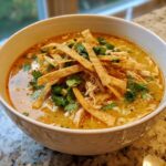 A close-up of creamy tortilla soup topped with shredded chicken, fresh cilantro, and crispy tortilla strips.