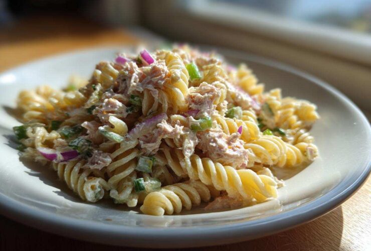 A close-up of creamy tuna pasta salad made with fusilli pasta, tuna, red onion, and green onions on a white plate.