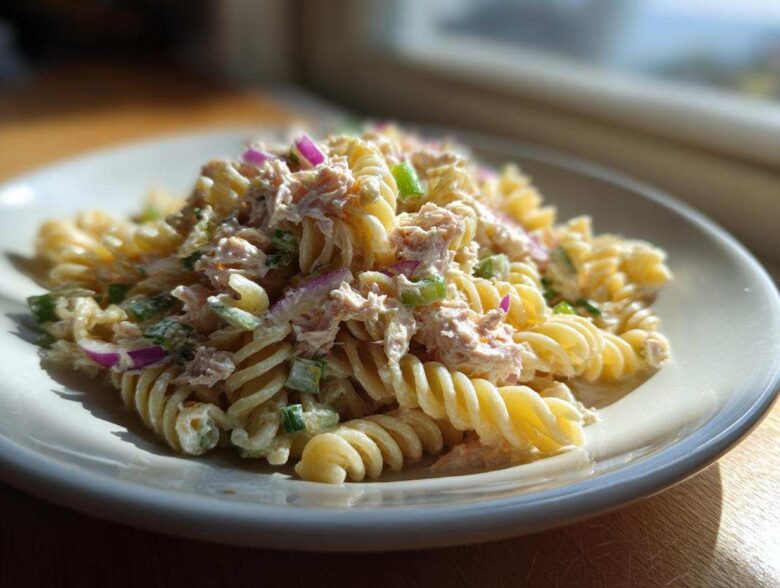 A close-up of creamy tuna pasta salad made with fusilli pasta, tuna, red onion, and green onions on a white plate.