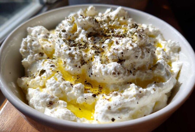 A close-up of creamy, fluffy whipped feta dip topped with olive oil and dried herbs.