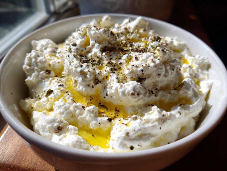 A close-up of creamy, fluffy whipped feta dip topped with olive oil and dried herbs.