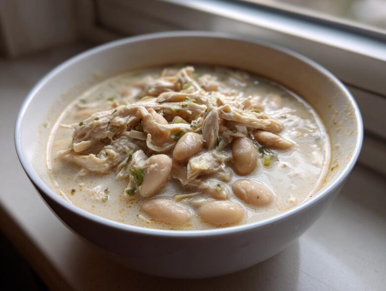 Close-up of a bowl of creamy white chicken chili with shredded chicken and white beans.
