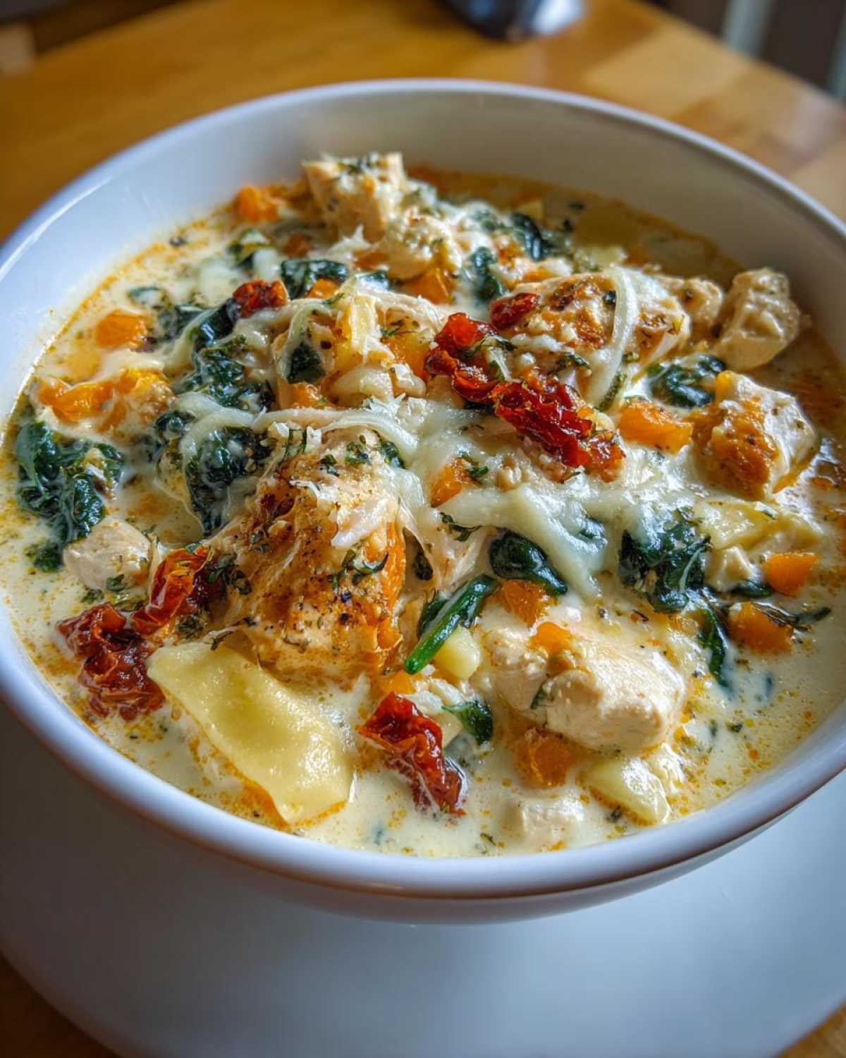 A close-up of a bowl filled with creamy white chicken lasagna soup, featuring chunks of chicken, spinach, sun-dried tomatoes, and melted cheese.