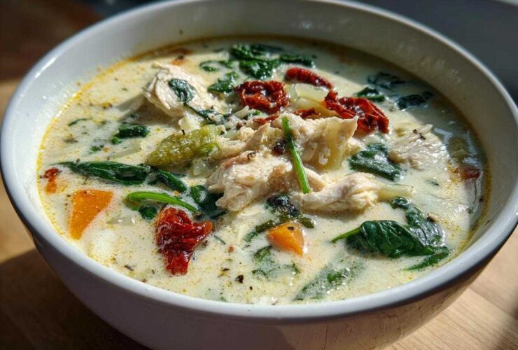 A close-up of a white bowl filled with creamy white chicken lasagna soup, featuring shredded chicken, spinach, and sun-dried tomatoes.