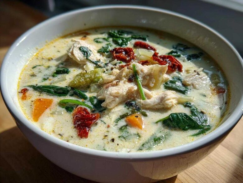 A close-up of a white bowl filled with creamy white chicken lasagna soup, featuring shredded chicken, spinach, and sun-dried tomatoes.