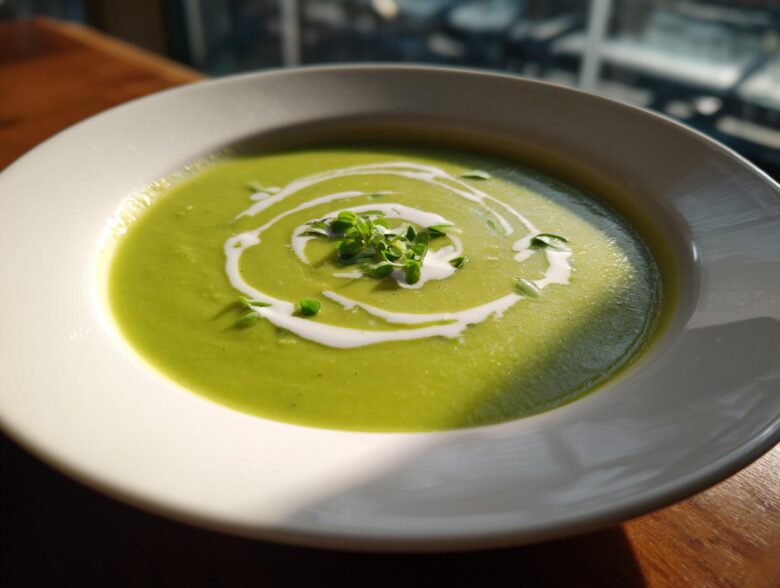A vibrant bowl of creamy green zucchini soup, garnished with a white cream swirl and fresh microgreens.