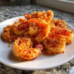 Close-up of several crispy, orange-glazed Bang Bang Shrimp piled on a white plate, showing visible breading.