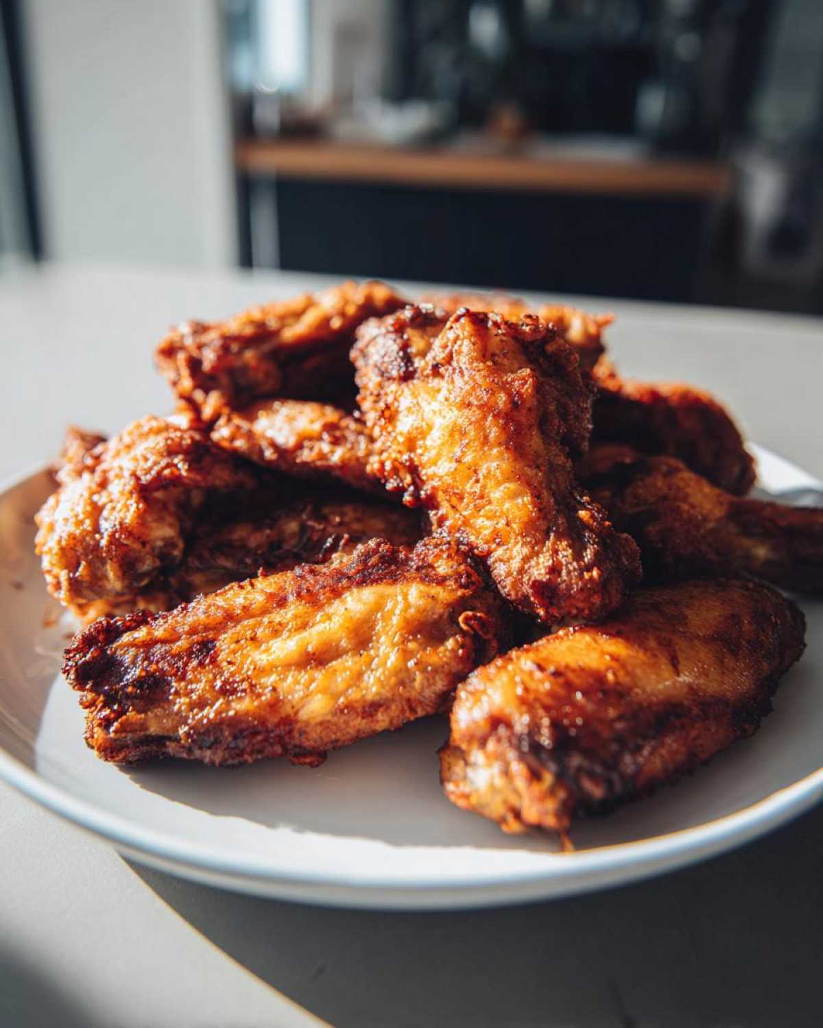 A close-up pile of golden brown, crispy air fryer chicken wings stacked on a white plate.