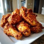 A mound of perfectly golden brown, crispy air fryer chicken wings piled high on a square white plate.