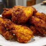 A close-up of a pile of perfectly seasoned and crispy air fryer chicken wings served on a white plate.