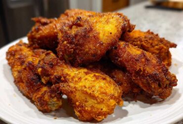 A close-up of a pile of perfectly seasoned and crispy air fryer chicken wings served on a white plate.