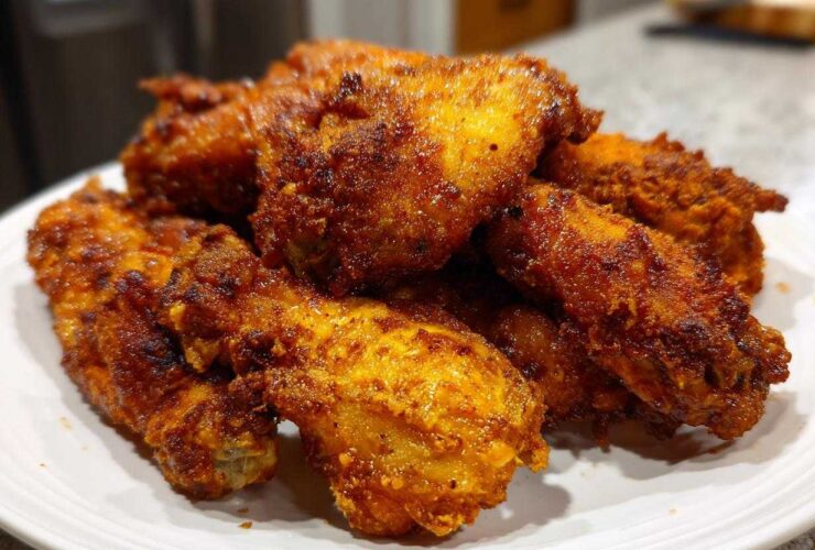 A close-up of a pile of perfectly seasoned and crispy air fryer chicken wings served on a white plate.