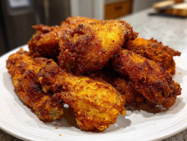 A close-up of a pile of perfectly seasoned and crispy air fryer chicken wings served on a white plate.