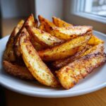 A close-up of perfectly seasoned and crispy air fryer potato wedges piled high on a white plate.
