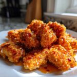 A close-up of crispy, glazed Bang Bang Chicken pieces piled on a white square plate.