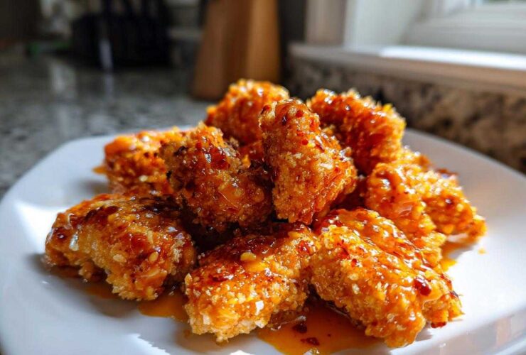 A close-up of crispy, glazed Bang Bang Chicken pieces piled on a white square plate.