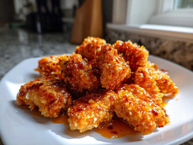 A close-up of crispy, glazed Bang Bang Chicken pieces piled on a white square plate.