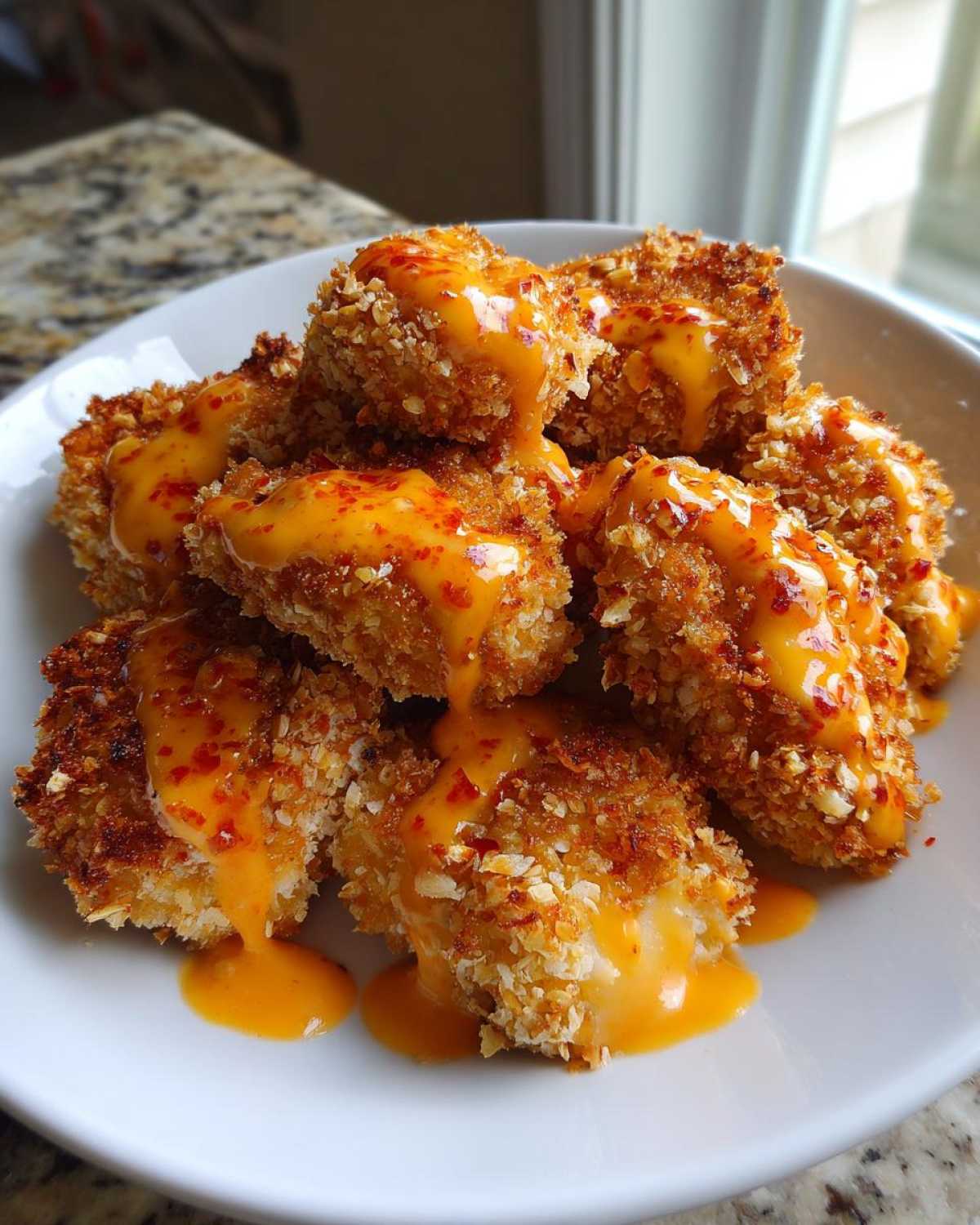 A white bowl filled with crispy, breaded Bang Bang Chicken pieces drizzled generously with a bright orange, spicy sauce.