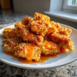 A plate piled high with crispy, golden brown bang bang chicken pieces generously drizzled with a thick, orange sauce.