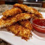 Close-up of golden brown, crispy coconut chicken strips piled on a white plate next to a small bowl of red dipping sauce.