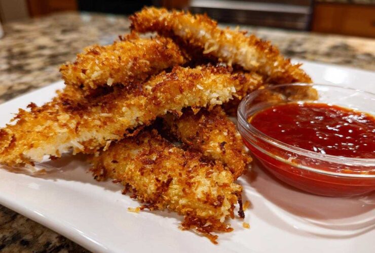 Close-up of golden brown, crispy coconut chicken strips piled on a white plate next to a small bowl of red dipping sauce.