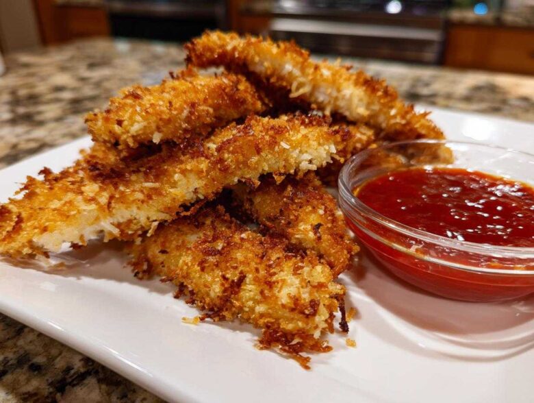 Close-up of golden brown, crispy coconut chicken strips piled on a white plate next to a small bowl of red dipping sauce.