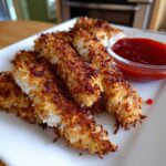Close-up of golden brown, crispy coconut chicken tenders served on a white plate next to sweet chili dipping sauce.