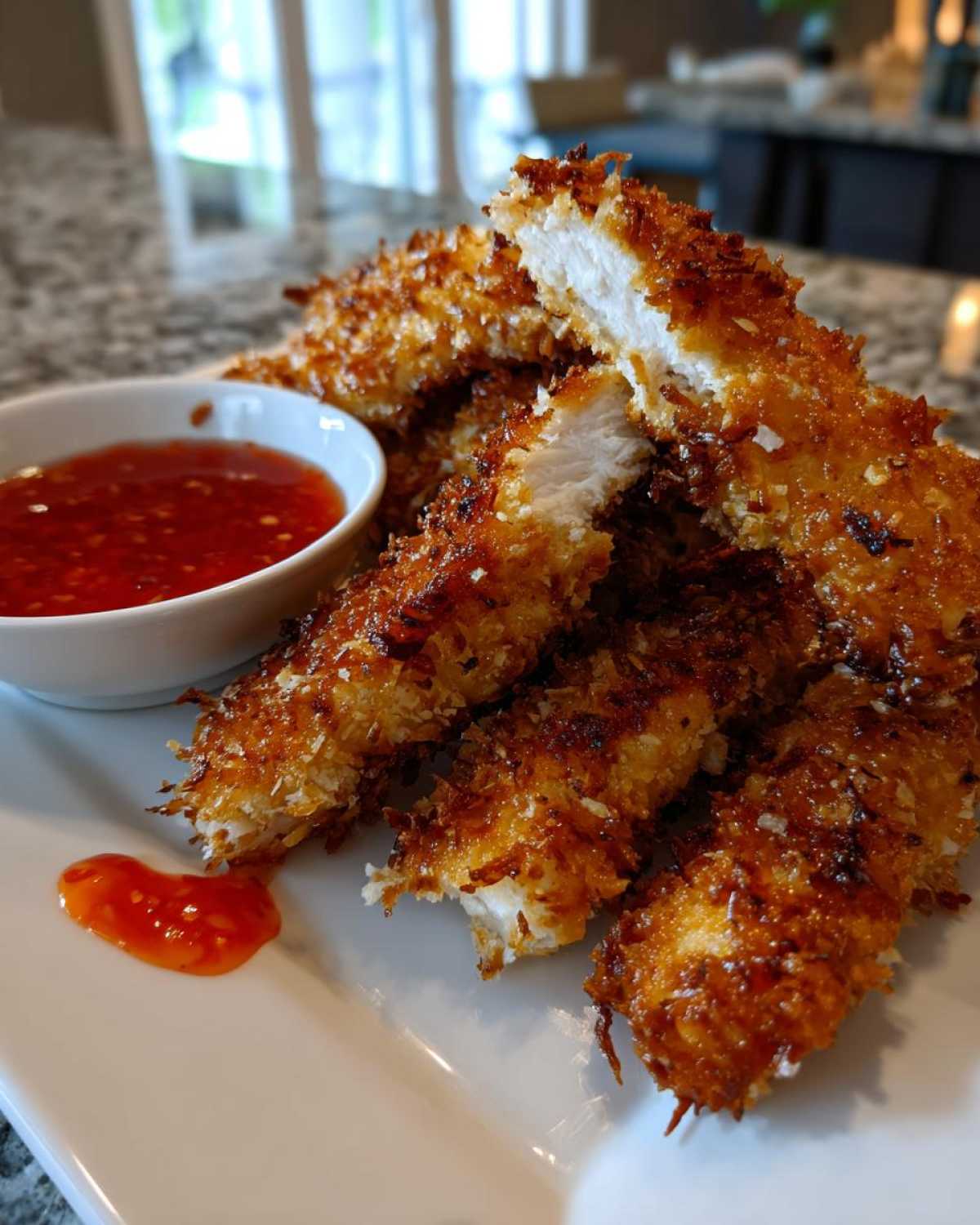 Close-up of golden brown, crispy coconut chicken tenders served with a side of sweet chili dipping sauce.