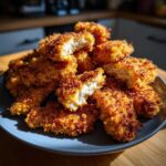 A close-up of a pile of golden, crispy homemade chicken nuggets, one broken open showing the white meat inside.