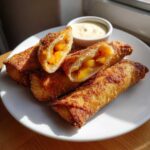 Golden brown, crispy peach cobbler egg rolls served on a white plate with a side of creamy dipping sauce.