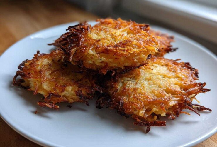 Three golden-brown, crispy potato latkes piled on a white plate, showcasing their shredded texture.
