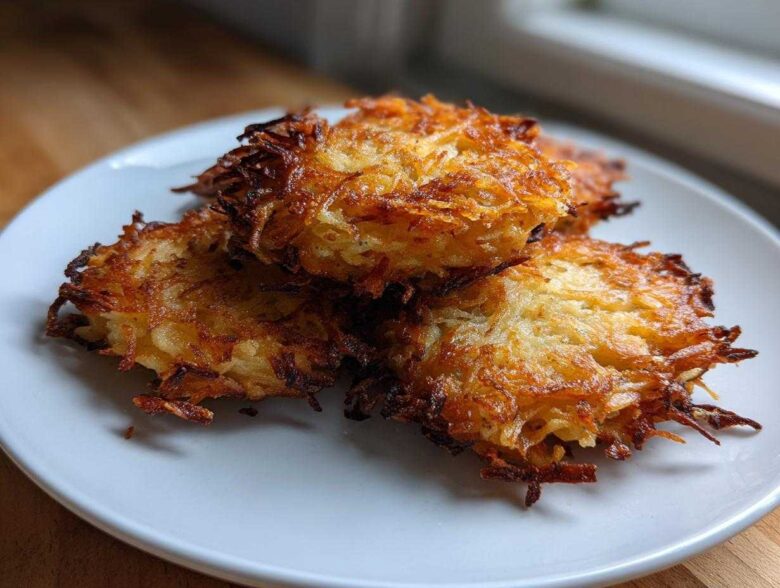 Three golden-brown, crispy potato latkes piled on a white plate, showcasing their shredded texture.