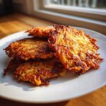 A stack of four perfectly golden and crispy potato latkes resting on a white plate, catching bright sunlight.