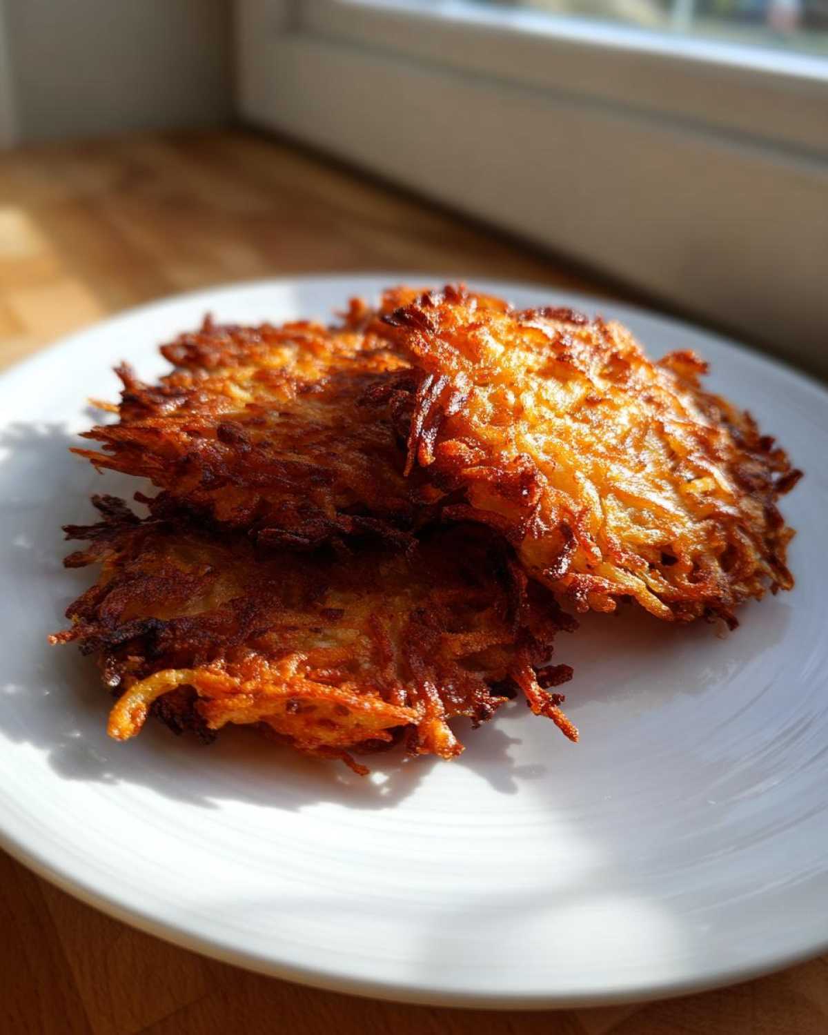 Three perfectly golden and crispy potato latkes stacked slightly on a white plate, showcasing their shredded texture.