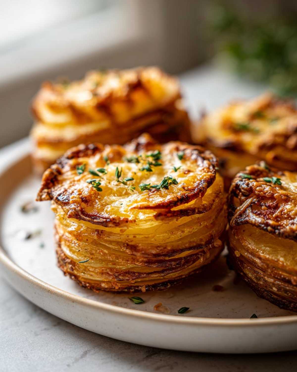 Close-up of perfectly baked potato stacks, golden brown and topped with melted cheese and fresh thyme.