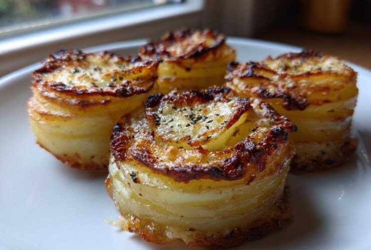 Four perfectly browned, individual potato stacks made from thinly sliced potatoes, baked until crispy.