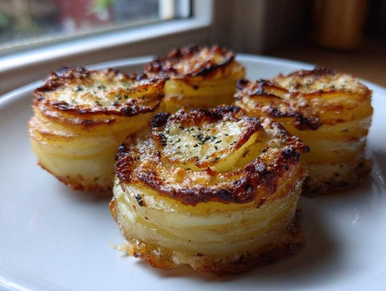 Four perfectly browned, individual potato stacks made from thinly sliced potatoes, baked until crispy.