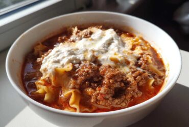 A close-up of a white bowl filled with rich crockpot lasagna soup, topped generously with ricotta cheese.